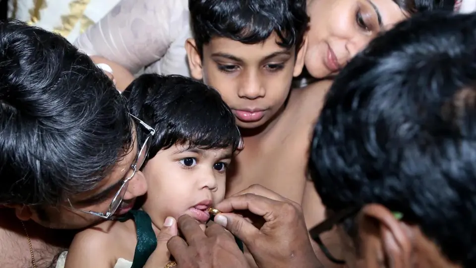 Golden letters, little fingers and a leap into the world of learning: thousands of children enter world of knowledge on Vijayadashami in Keralam