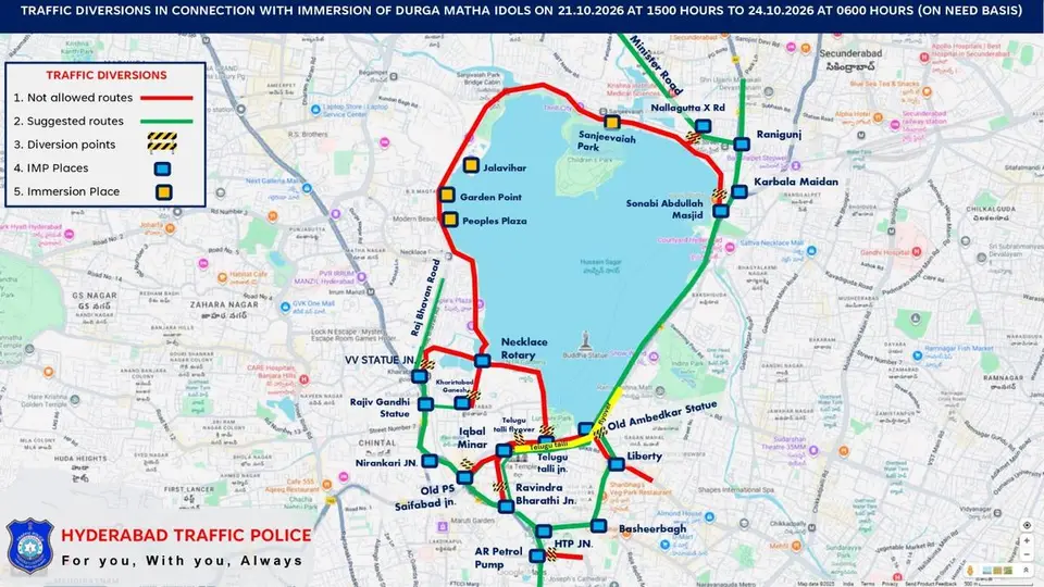 Durga idol immersion: Traffic restrictions around Hyderabad’s Hussain Sagar from October 21 to 6 a.m. on October 24