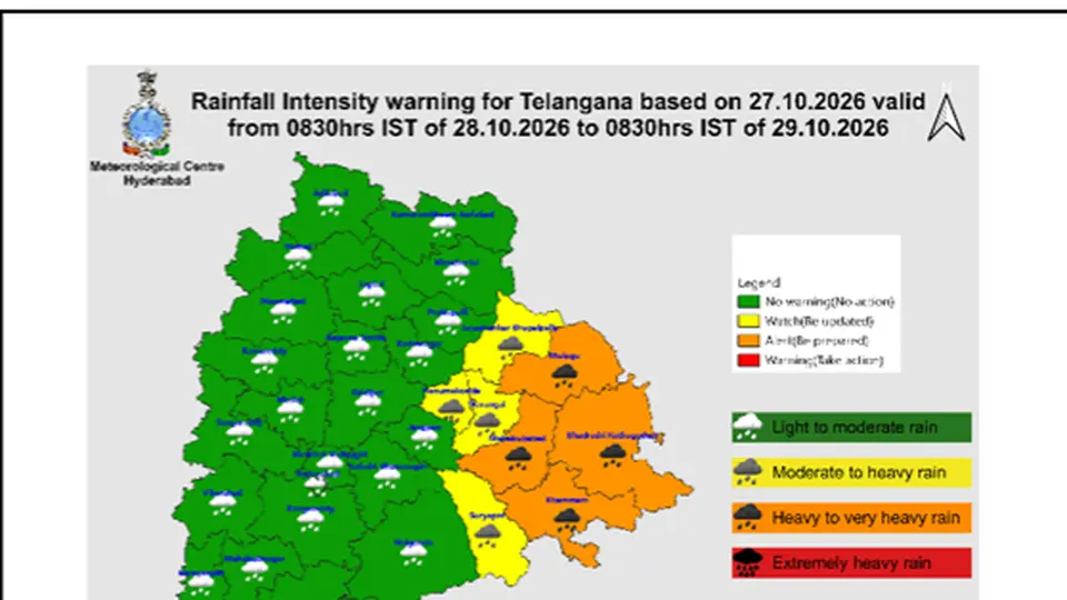 Cyclonic storm Arnab impact on Telangana | Heavy-very heavy rainfall forecast in four districts, yellow alert in four more on Oct. 28